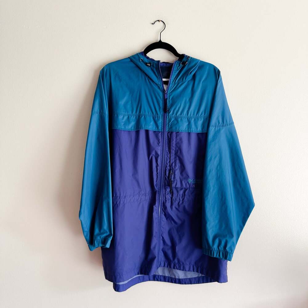 Vintage Columbia Blue Teal Full Zip Windbreaker Rain Jacket with Hood Large